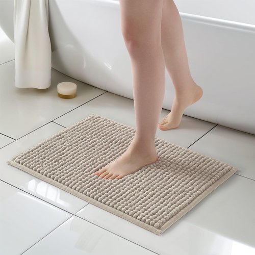 FRESHMINT Thick Chunky Chenille Bath Rug - Non-Slip, Soft & Water Absorbent | 17"x24", Beige