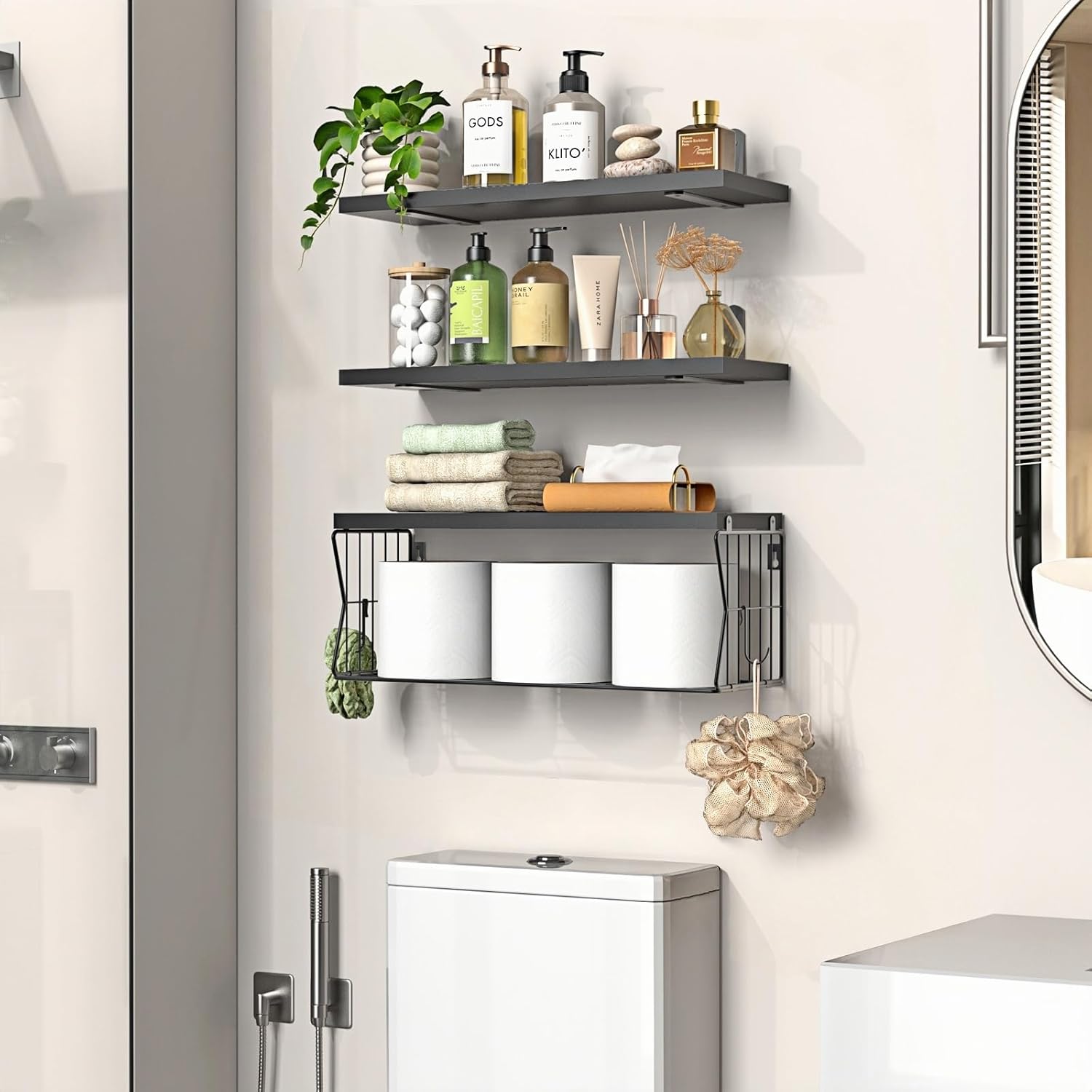 Skiennix Floating Bathroom Shelves - Modern Wall-Mounted Wooden Shelf Set of 3 for Stylish Storage - Black