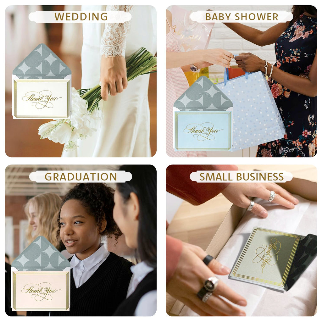 ukee's Thank You Cards with Envelopes 100-Pack, Blank Inside 4-Color Embossed Gold Foil Script Thank You Notes with Matching Stickers, for Small Business Graduation Wedding Baby Shower Funeral, 3.5"x 5"