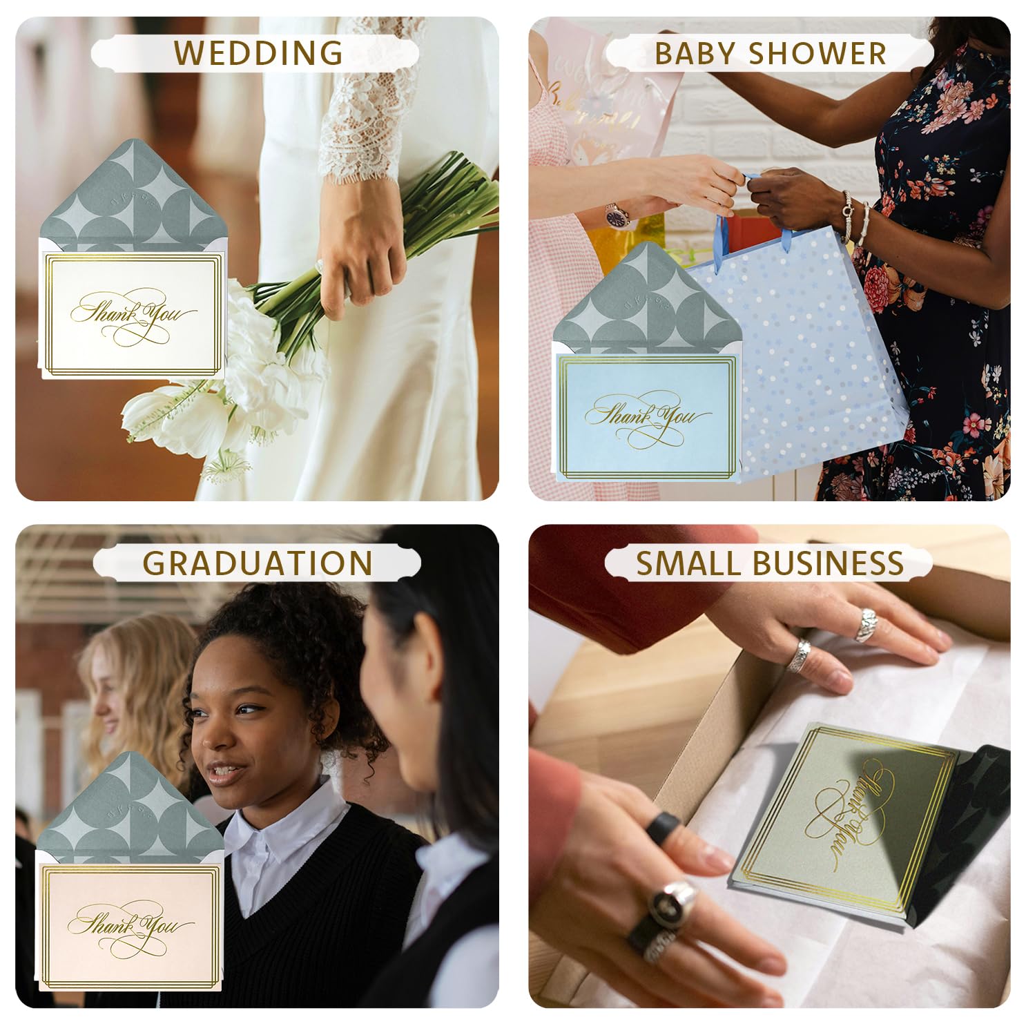 ukee's Thank You Cards with Envelopes 100-Pack, Blank Inside 4-Color Embossed Gold Foil Script Thank You Notes with Matching Stickers, for Small Business Graduation Wedding Baby Shower Funeral, 3.5"x 5"
