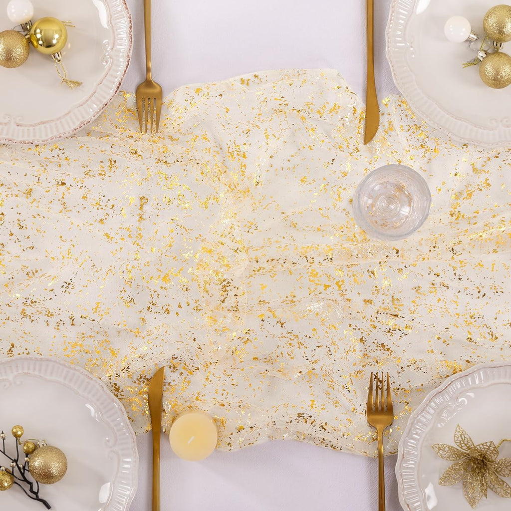 Socomi Gold Table Runner - Sheer Glitter Chiffon for Weddings & Parties | 10FT Beige Centerpiece Decor