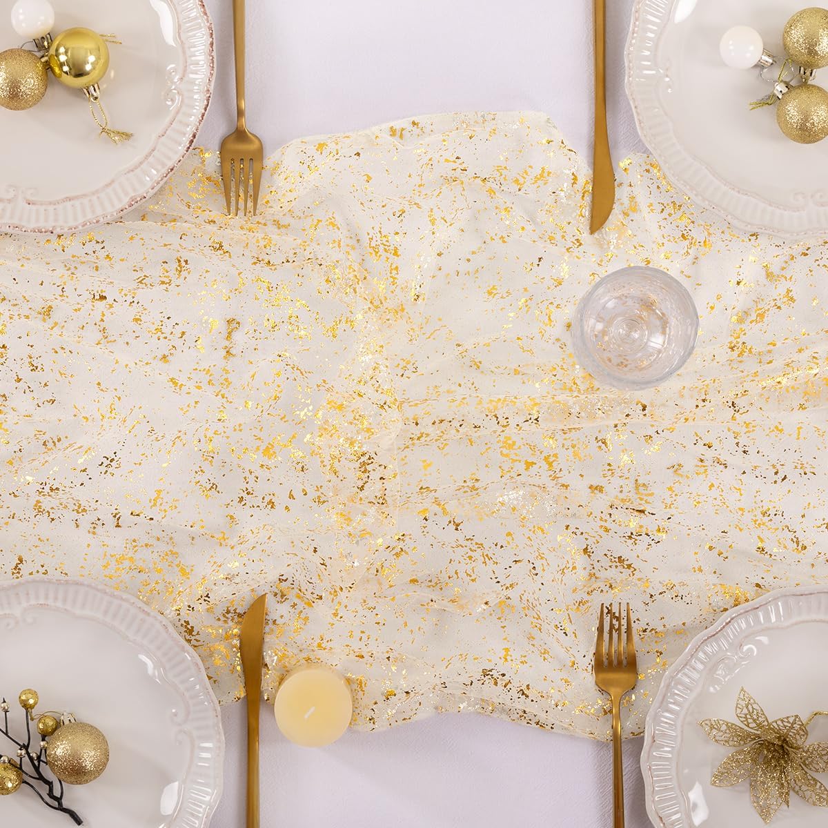 Socomi Gold Table Runner - Sheer Glitter Chiffon for Weddings & Parties | 10FT Beige Centerpiece Decor