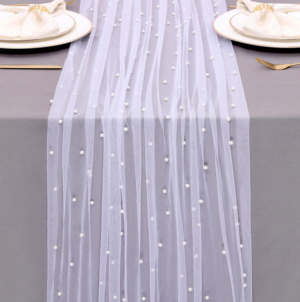 TuTive Gauze White Pearl Table Runner 10FT Sheer Spring Summer Pearl 120 Inch Valentine’s Day Tulle Table Runner for Dining Anniversary Wedding Table Decor for Home Party Decorations