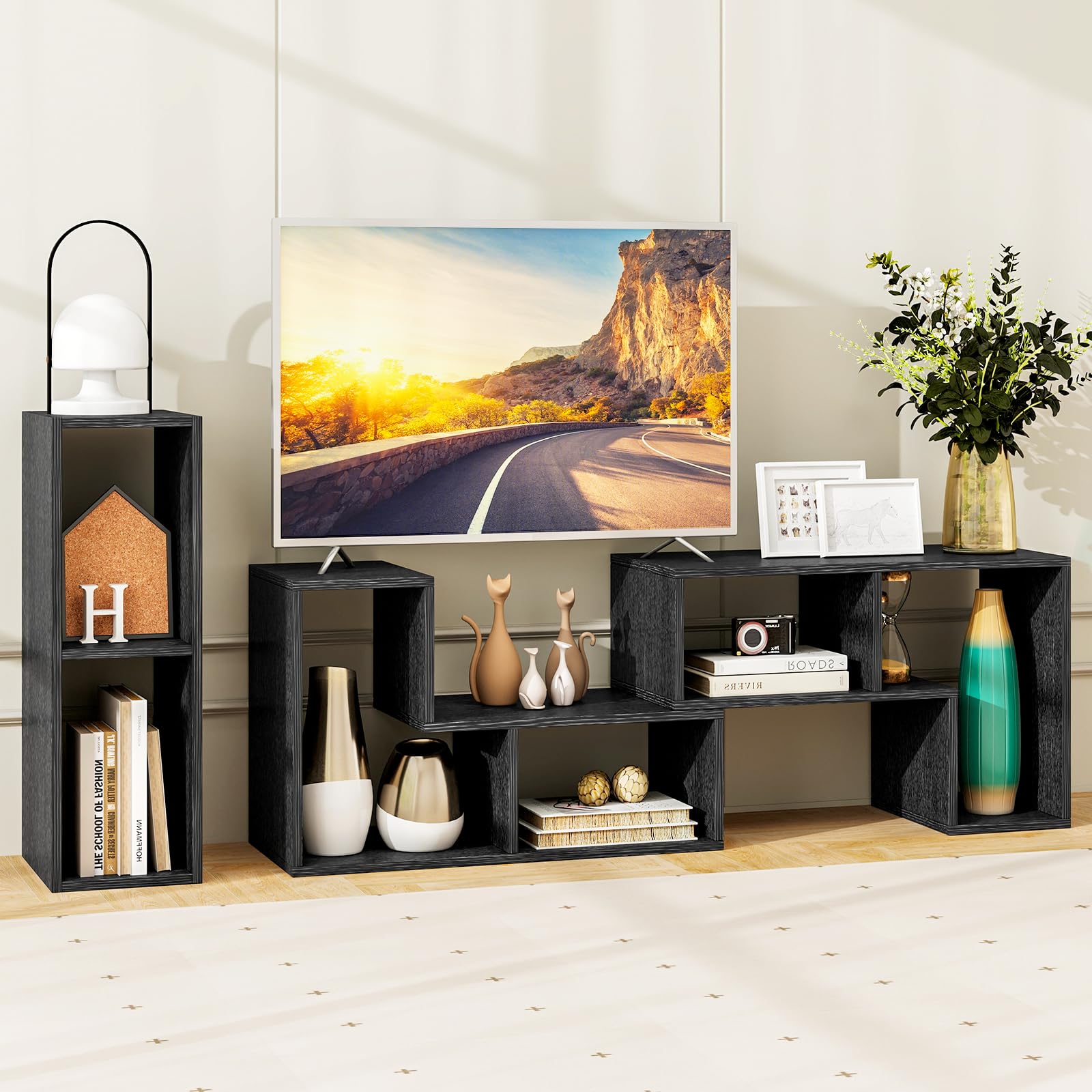 Tangkula 3 Pieces Console TV Stand, Free-Combination Entertainment Center for 50 55 60 65 Inch TV, Minimalist Modern TV Table Media Stand, DIY Open Storage Bookcase for Living Room (Black Wood Grain)