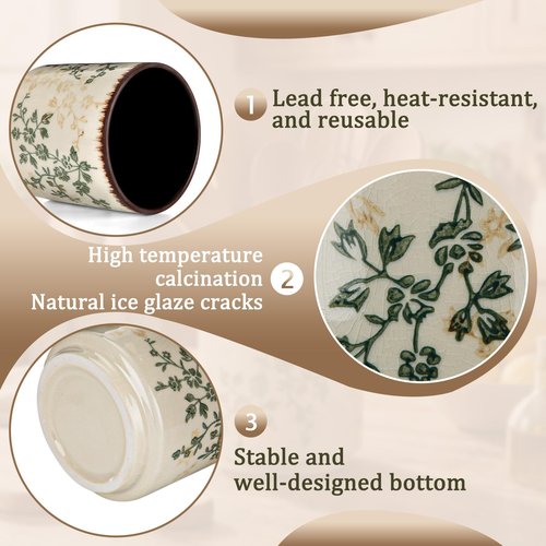 Teecyhooo Rustic Ceramic Utensil Holder for Kitchen Counter 5.5" Floral Utensils Crock Tuscany Countertop Cooking Tools Elegant Storage Caddy for Spatula Spoon Farmhouse Decor Housewarming Gift