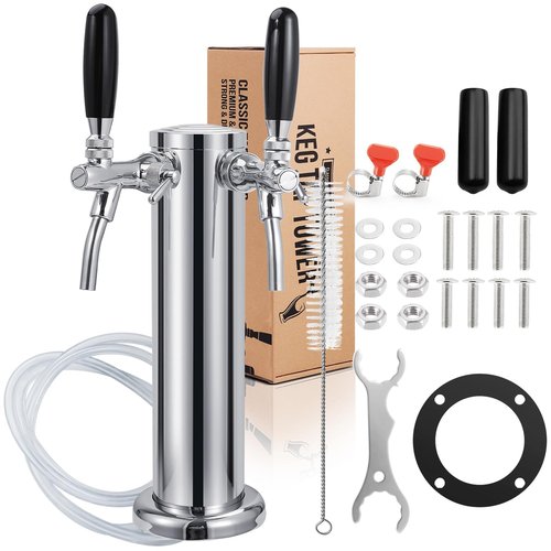 Imaictuu New Adjustable Flow Control Kegerator Tower, Upgraded Dual Tap Beer Tower Kegerator Parts 304 Stainless Steel Core Beer Faucet Includes Pre-Assembled Hose and Self-Closing Faucet