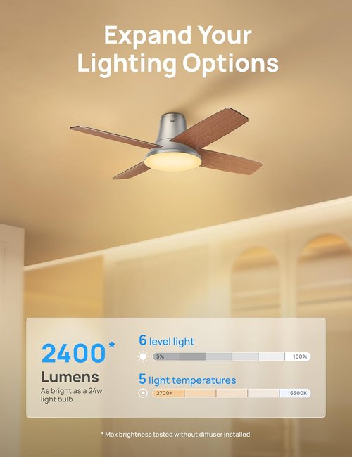 Dreo Ceiling Fan - Smart Flush Mount with Dimmable LED Lights & 12 Speeds | Quiet DC Motor, Remote Control, Silver, 44''