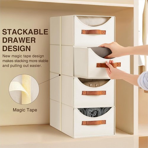 Homsorout Stackable Storage Drawers - Collapsible Fabric Bins for Closet Organization | 4-Pack Beige