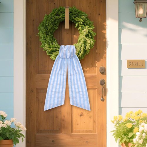 Blue Wreath Sash - 2 Pcs Stripe Embroidery Monogram Decor | 60 Inch Seersucker for Home & Baby Shower