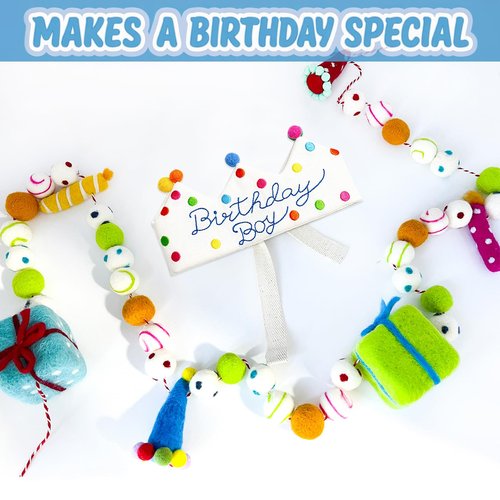 Hand Embroidered Birthday Boy Crown Hat, Reusable Rainbow Party Hat, Made From 100% Natural Fiber Linen, Boy First Birthday Crown With Wool Balls for Kids Boys Celebration Party Decor Fit All Ages
