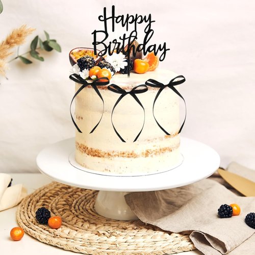 Big Happy Birthday | 20 Pcs Vintage Ribbon Bow Cupcake Toppers for Weddings & Parties - Black