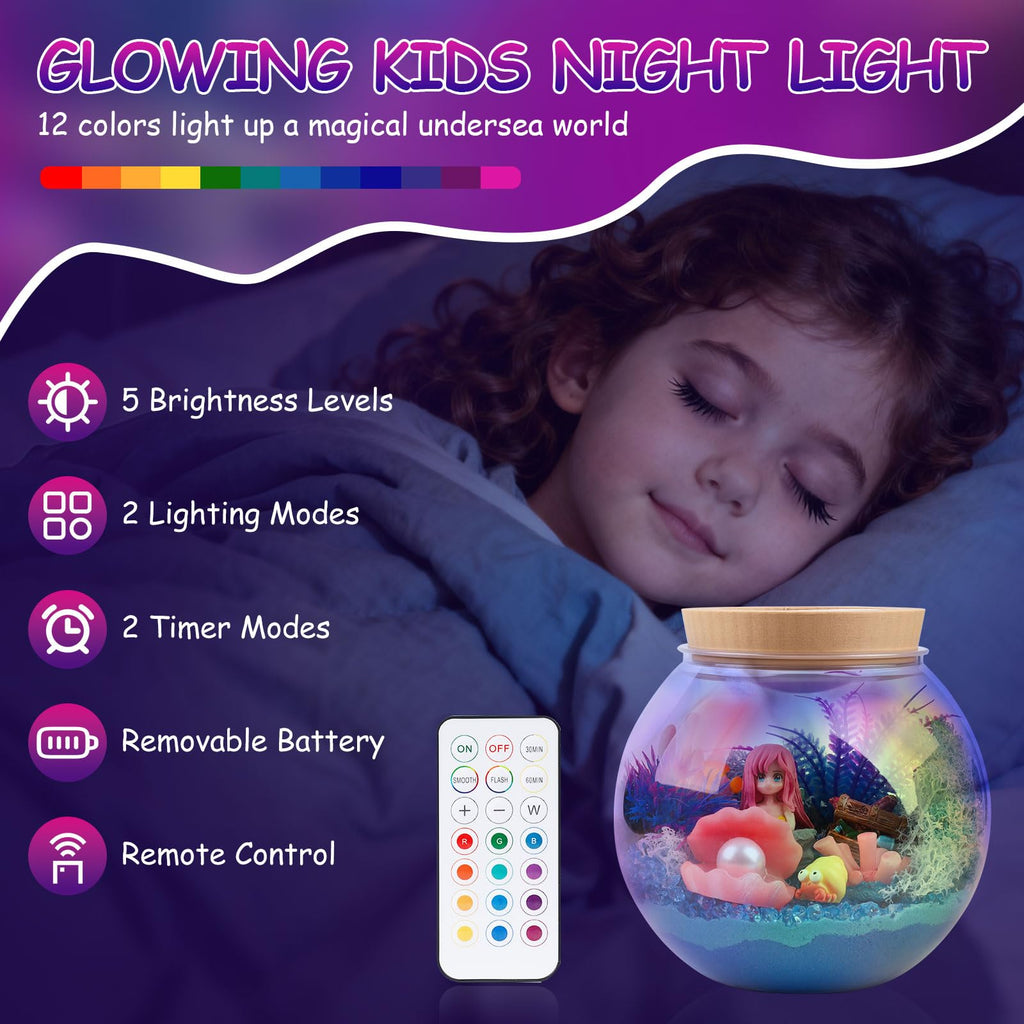 Mileonaim Mermaid Terrarium Kit for Kids - LED Night Light with Remote, DIY Arts and Crafts Birthday Gifts, Mermaid Gifts for Girls Ages 6-12