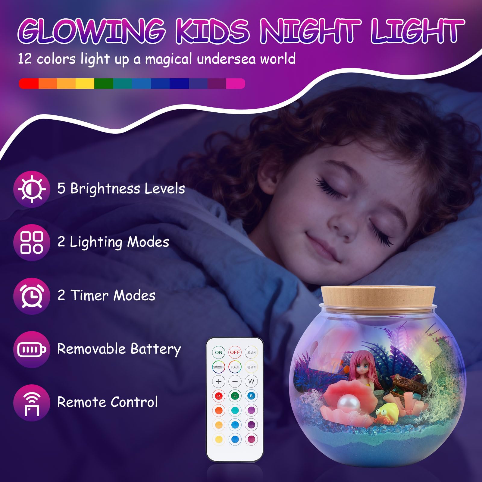 Mileonaim Mermaid Terrarium Kit for Kids - LED Night Light with Remote, DIY Arts and Crafts Birthday Gifts, Mermaid Gifts for Girls Ages 6-12