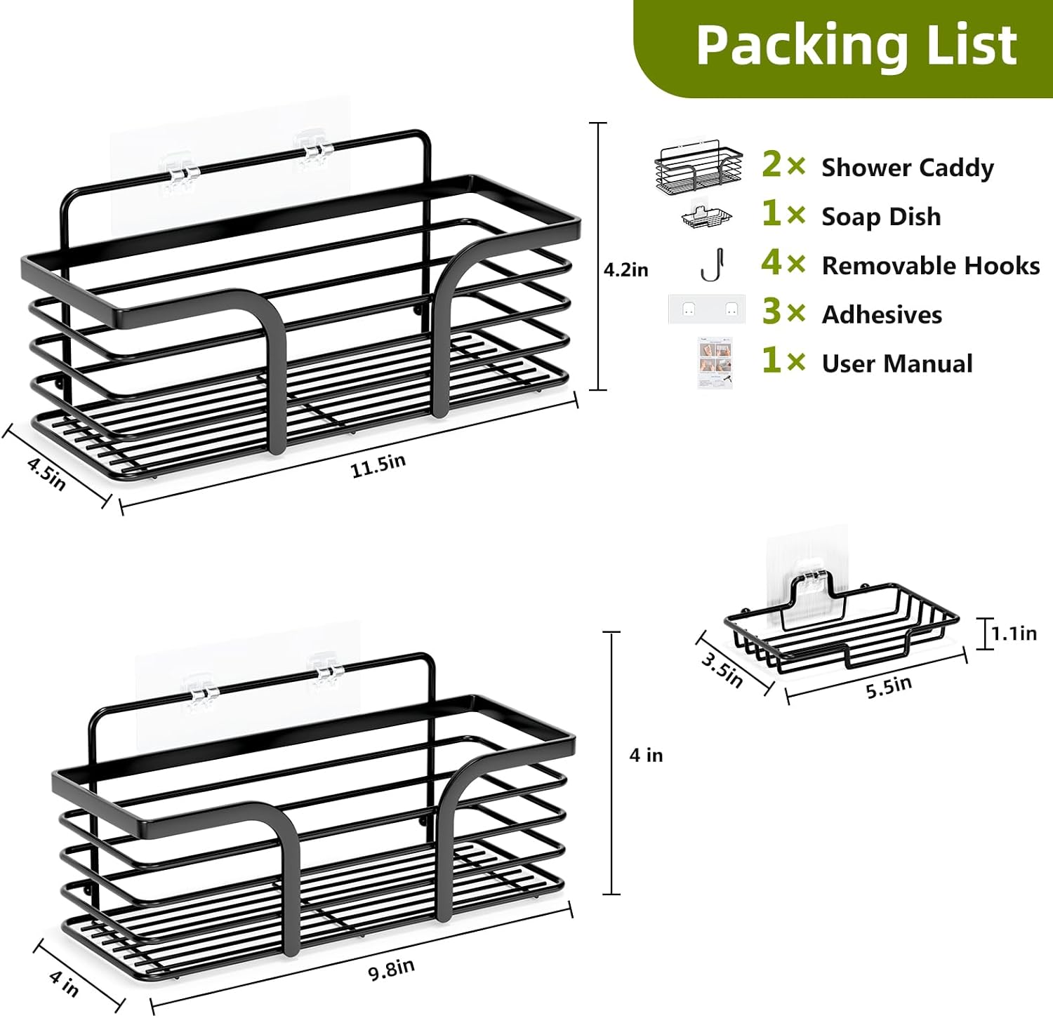 Yougai Shower Caddy - Rustproof Wall-Mounted Organizer with Soap Holder & Hooks | Black