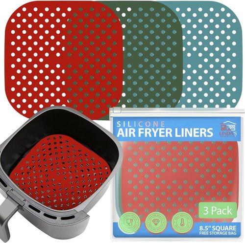 Linda’s Essentials Reusable Square Silicone Air Fryer Liners - Non-Stick, Easy-Clean 8.5 Inch (3 Pack) with Cheat Sheet & Recipe Book