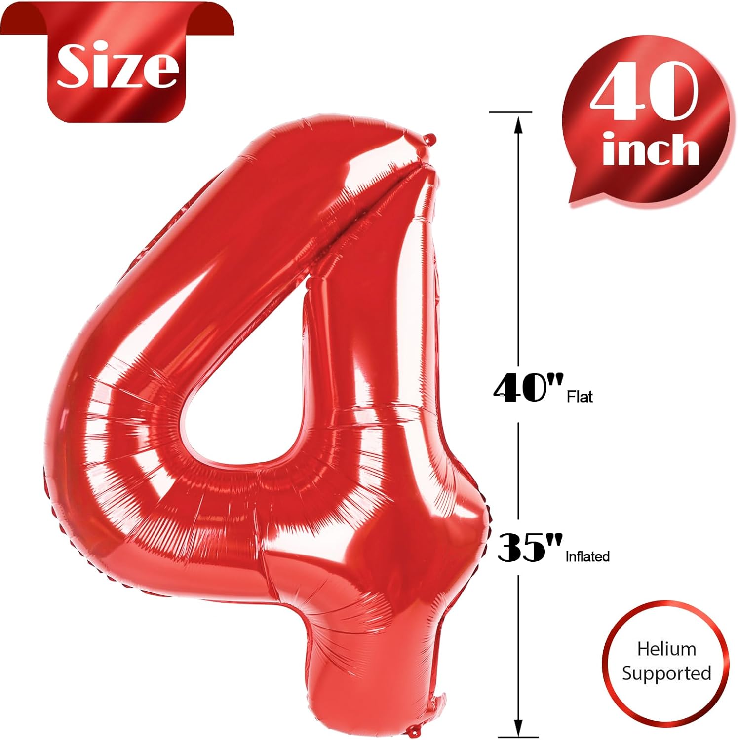 Red 4 Balloon - 40 Inch Number 4 Balloon for 4th Birthday Party Decorations | Large Red Party Decor