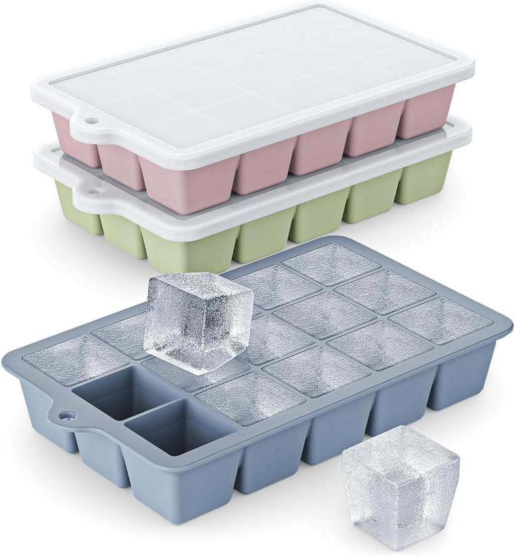 Skiennix Silicone Ice Cube Tray 3 Pack - Easy Release BPA-Free Ice Cube Molds for Cocktails & Whiskey | Blue, Pink, Green