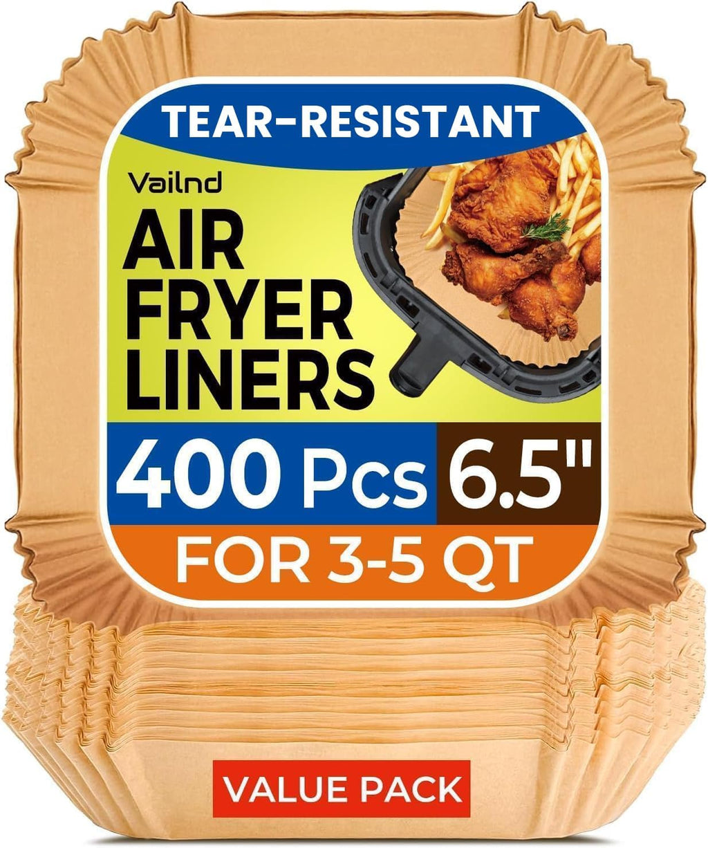 Skiennix Air Fryer Paper Liners - 400 Pcs Heavy-Duty Non-Stick Parchment for 2-4 Qt Baskets | 6.5" Square
