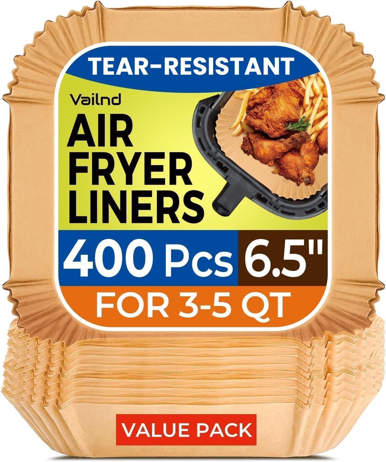 Skiennix Air Fryer Paper Liners - 400 Pcs Heavy-Duty Non-Stick Parchment for 2-4 Qt Baskets | 6.5" Square