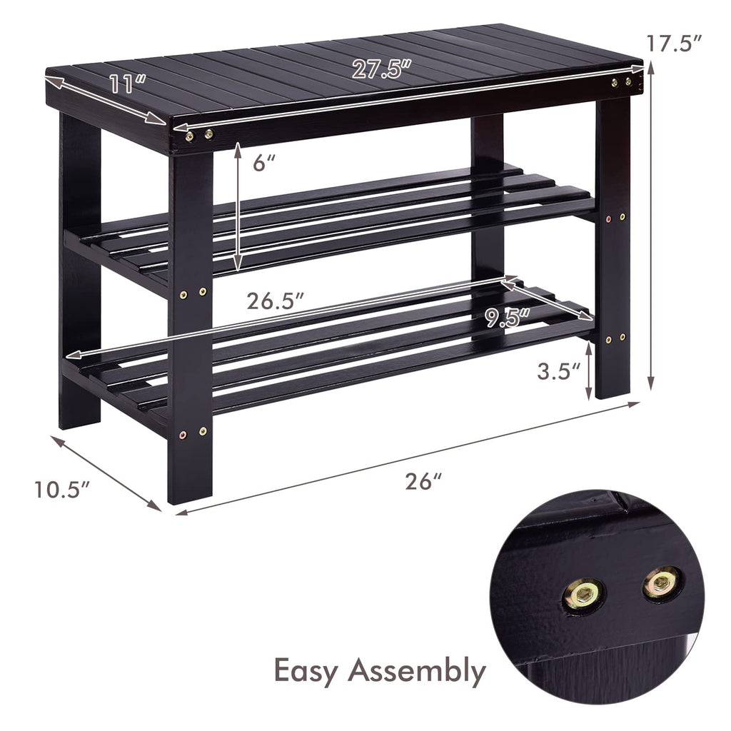 COSTWAY 3-Tier Shoe Rack Bench, Free Standing Wood Entryway Shoe Storage Organizer, Bamboo Storage Shelf for Shoes,Ideal for Home Entryway, Hallway