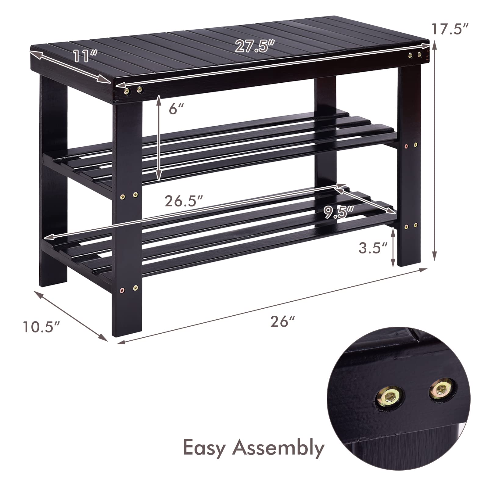 COSTWAY 3-Tier Shoe Rack Bench, Free Standing Wood Entryway Shoe Storage Organizer, Bamboo Storage Shelf for Shoes,Ideal for Home Entryway, Hallway