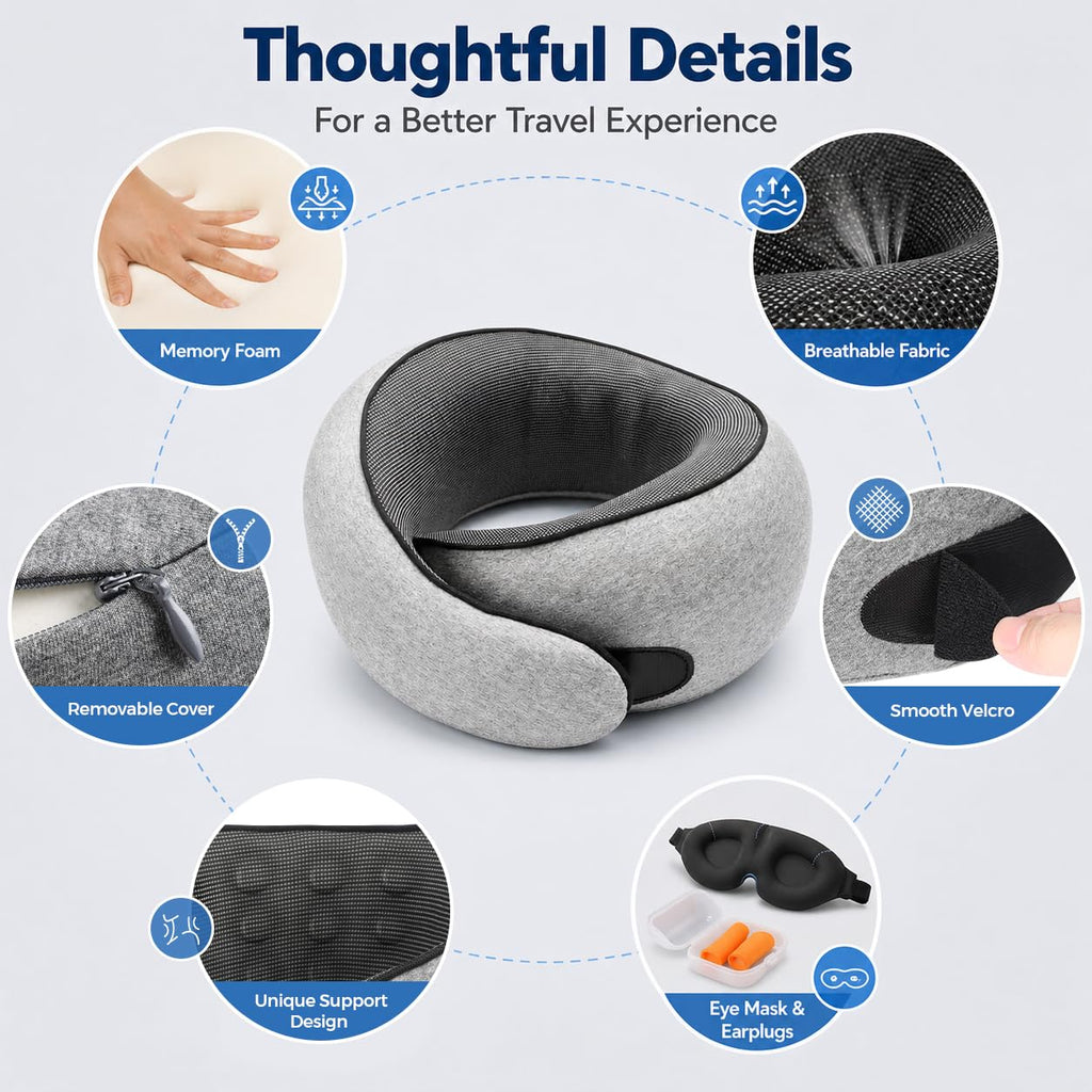 Purroch G-Shape Memory Foam Travel Neck Pillow - 100% Pure Foam Ergonomic Support with Eye Mask & Ear Plugs for Airplane Flights, Car Trips & Office Naps, Beige Gray