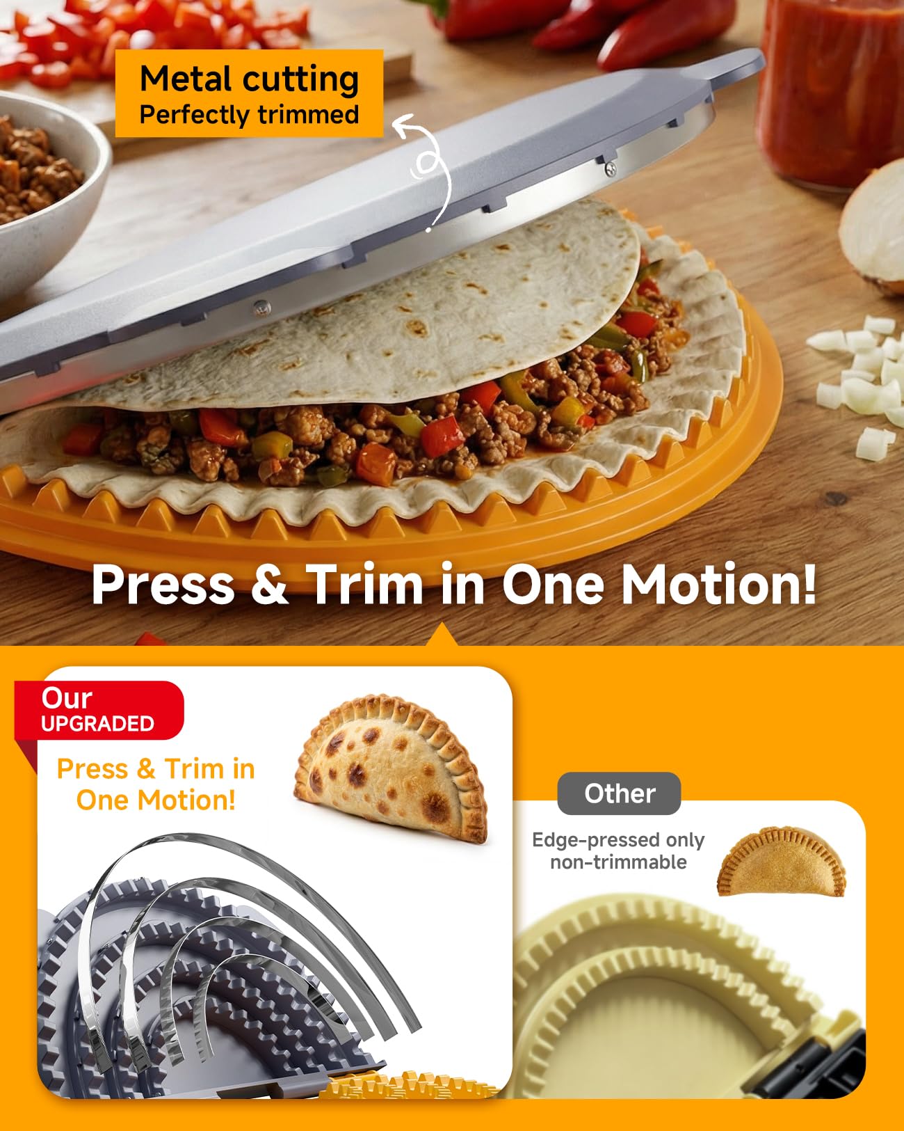 4-in-1 Tortilla Sealer Press, Tortilla Crimper Maker for 4”, 6”, 8”, 10” Wraps, Detachable Shark Tooth Design, BPA-Free, Dishwasher Safe, Suitable for Making Sealed Quesadilla, Taco, Burrito, Dumpling