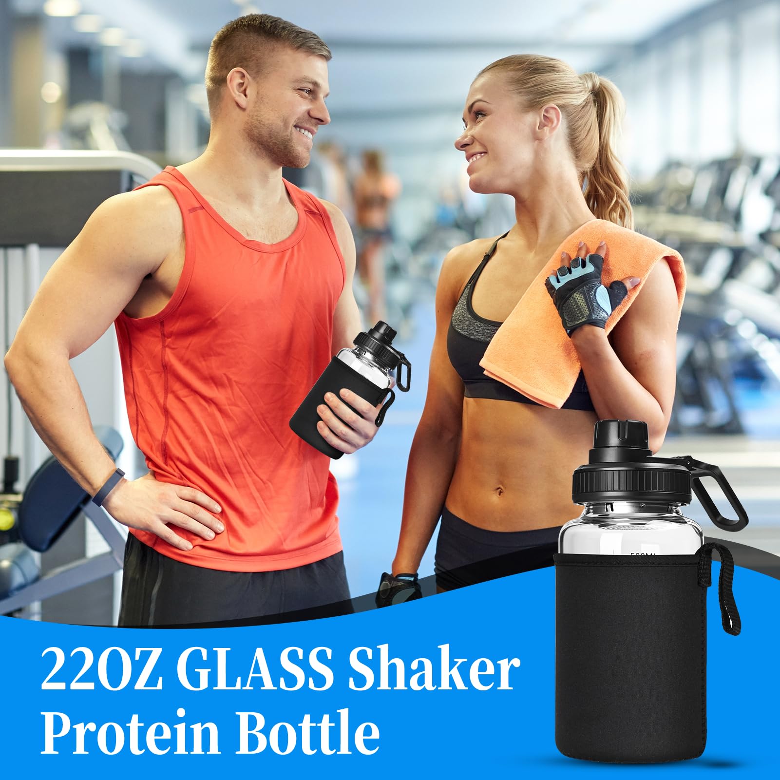 BNCWCQZ Glass Shaker Bottle,22oz BPA-Free Odorless Shaker Bottle with 304 Stainless Steel Ball and Removable Cleaning Brush for Fitness Protein Mixes(1Pack)