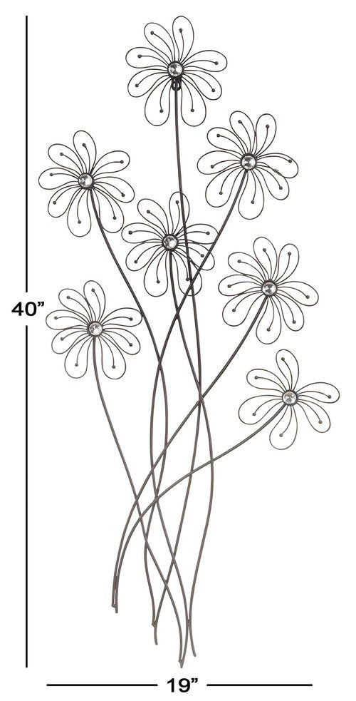 Deco 79 Metal Floral Home Wall Decor 3D Wire Wall Sculpture with Crystal Embellishments, Wall Art 40" x 19" x 1", Black