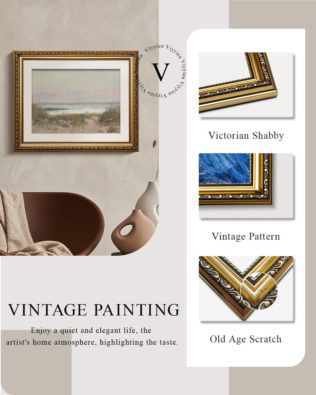 VIYYIEA Gold Framed Canvas Print - Classical Coastal Scenery Wall Art for Home Decor | 13x16in