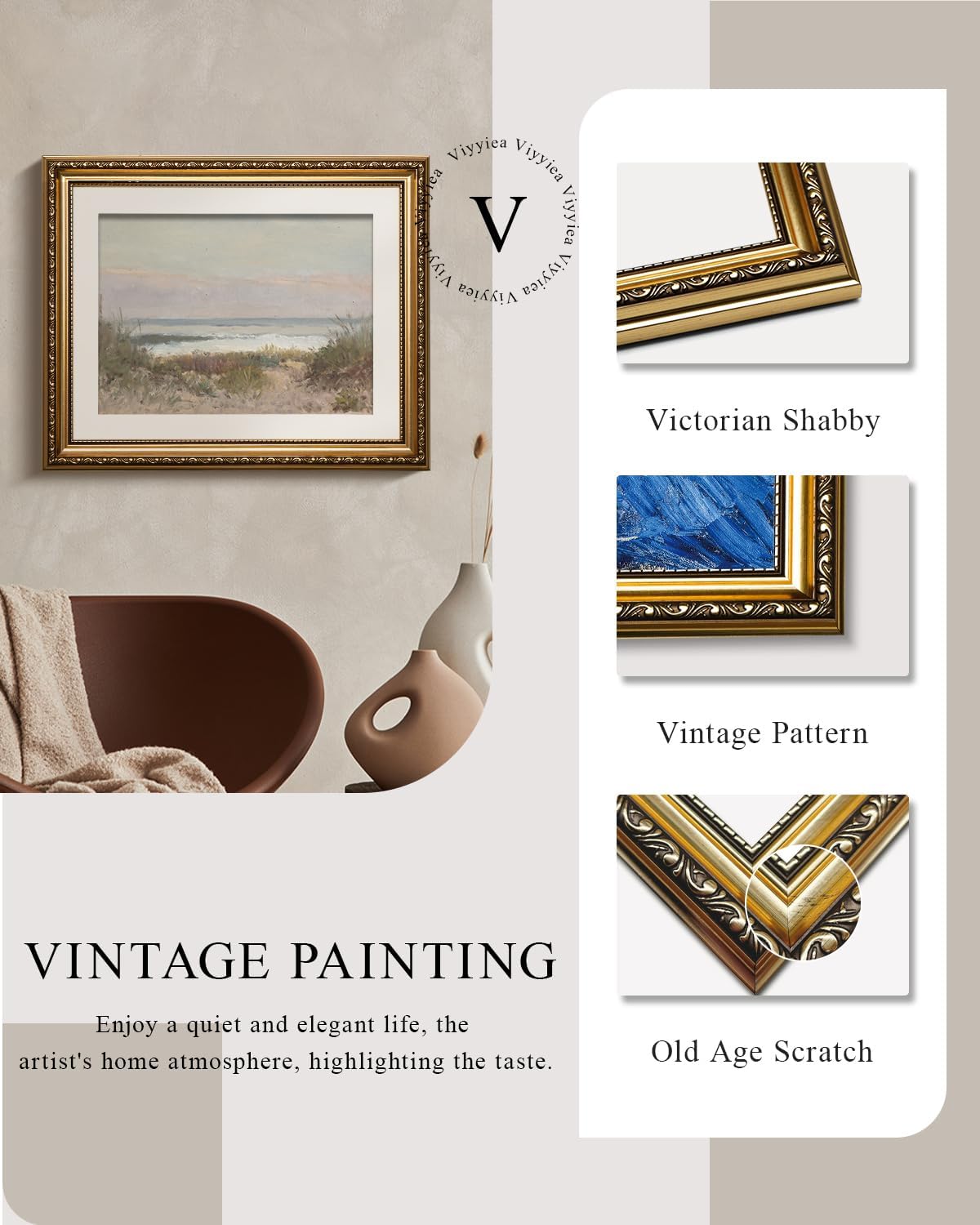 VIYYIEA Gold Framed Canvas Print - Classical Coastal Scenery Wall Art for Home Decor | 13x16in