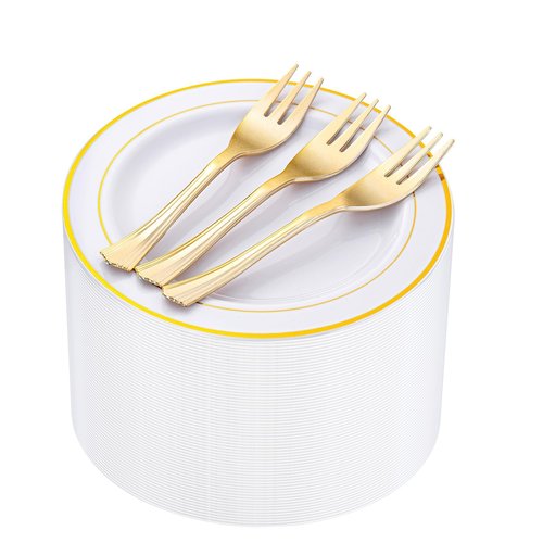 WELLIFE 120 PCS Plastic Dessert Plates and 120 PCS Forks, 6.3 inch Disposable Salad Plate, Premium White Appetizer Plates with Gold Rims Perfect for Party and Wedding