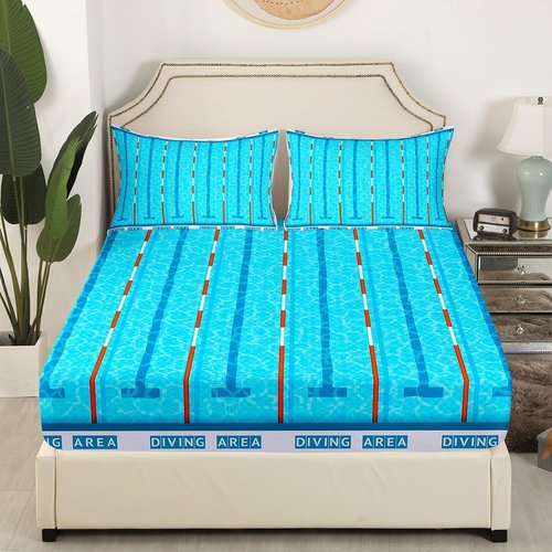 Swimming Kids Sheet Full Size,Swim Sports Games Modern Fashion Bedding Set,Boys Girls Adults Room Decor,Swimming Pool Chic Blue Unique Bed Sheet Set 4pcs(Fitted + Flat + 2 Pillowcases)