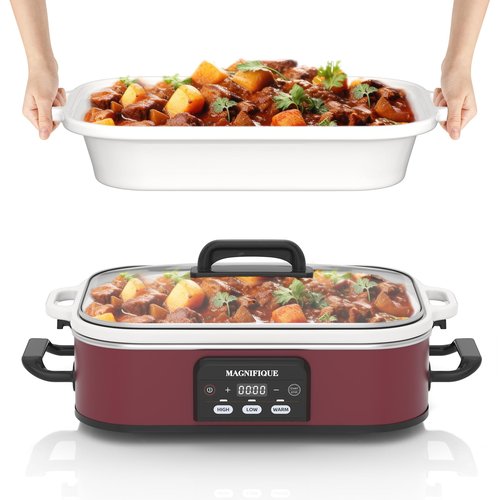 Magnifique 4 Quart Casserole Digital Slow Cooker, Premium Ceramic Bakeware for Oven, Dishwasher Safe Baking Dish, Red