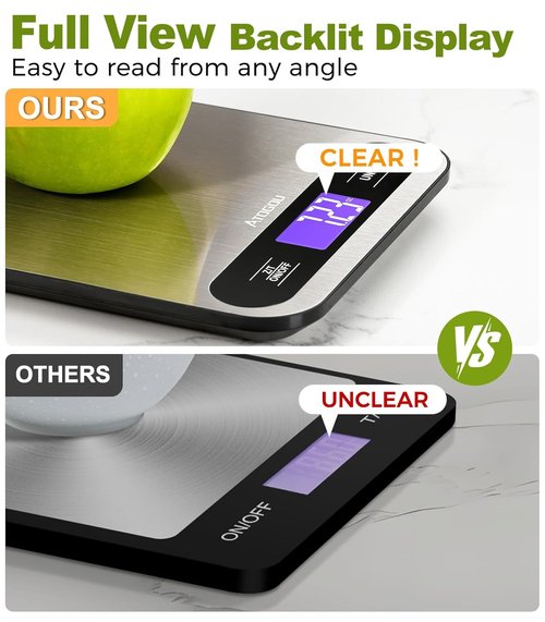 Atogou Digital Kitchen Scale - 33lb/15kg Capacity with Full View LCD Display & Durable Stainless Steel Surface | Black