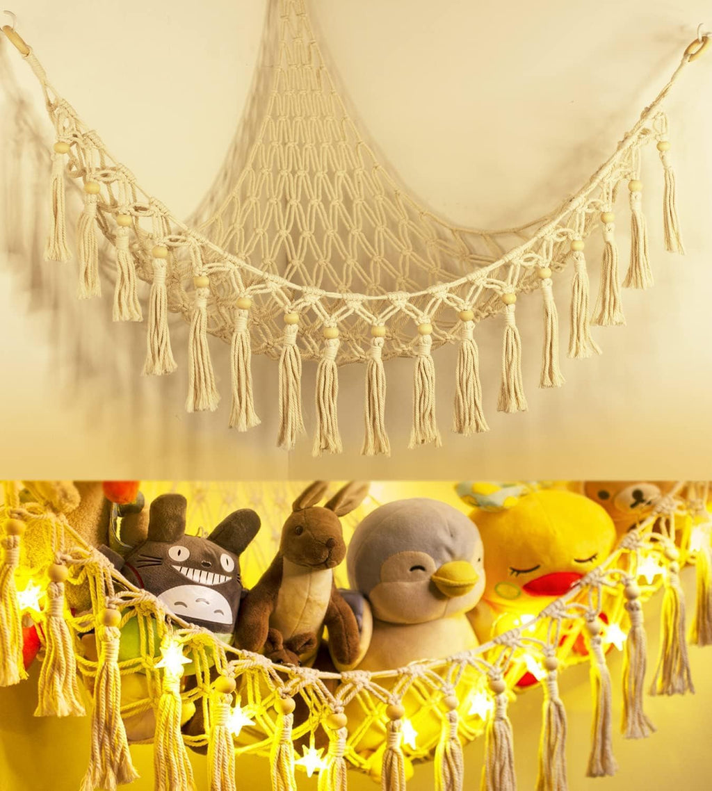 Skiennix Stuffed Animal Toy Storage Hammock with LED Light | Jumbo Macrame Plushie Organizer for Kids' Room Decor