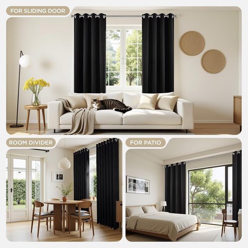 Joydeco Blackout Curtains - 84 Inch Long Black Drapes | Noise Reducing, Energy Saving & Wrinkle-Free, 2 Panels