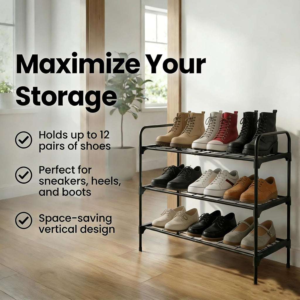 3-Tler Shoe Rack Organizer - Rustproof Iron Shoe Storage Shelf for Closet & Entryway | Fits Sneakers & Slippers, Black