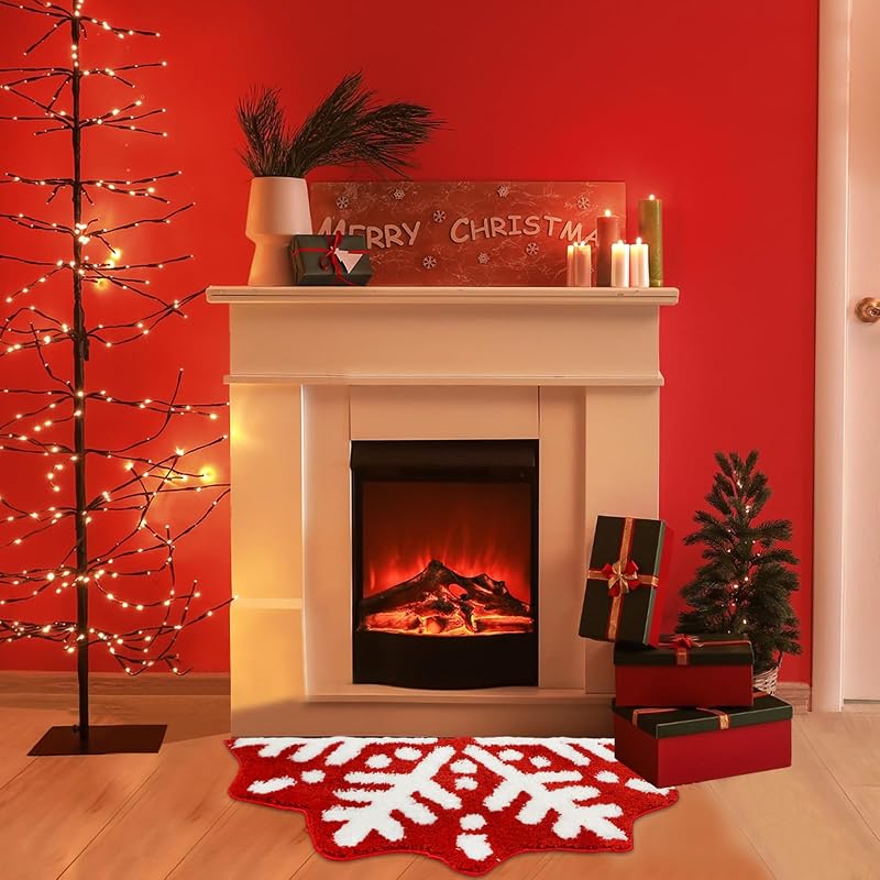 Tinideya Red Christmas Snowflake Semicircle Bathroom Rug Doormat - 18.9 x 34.6 in, Plush Microfiber