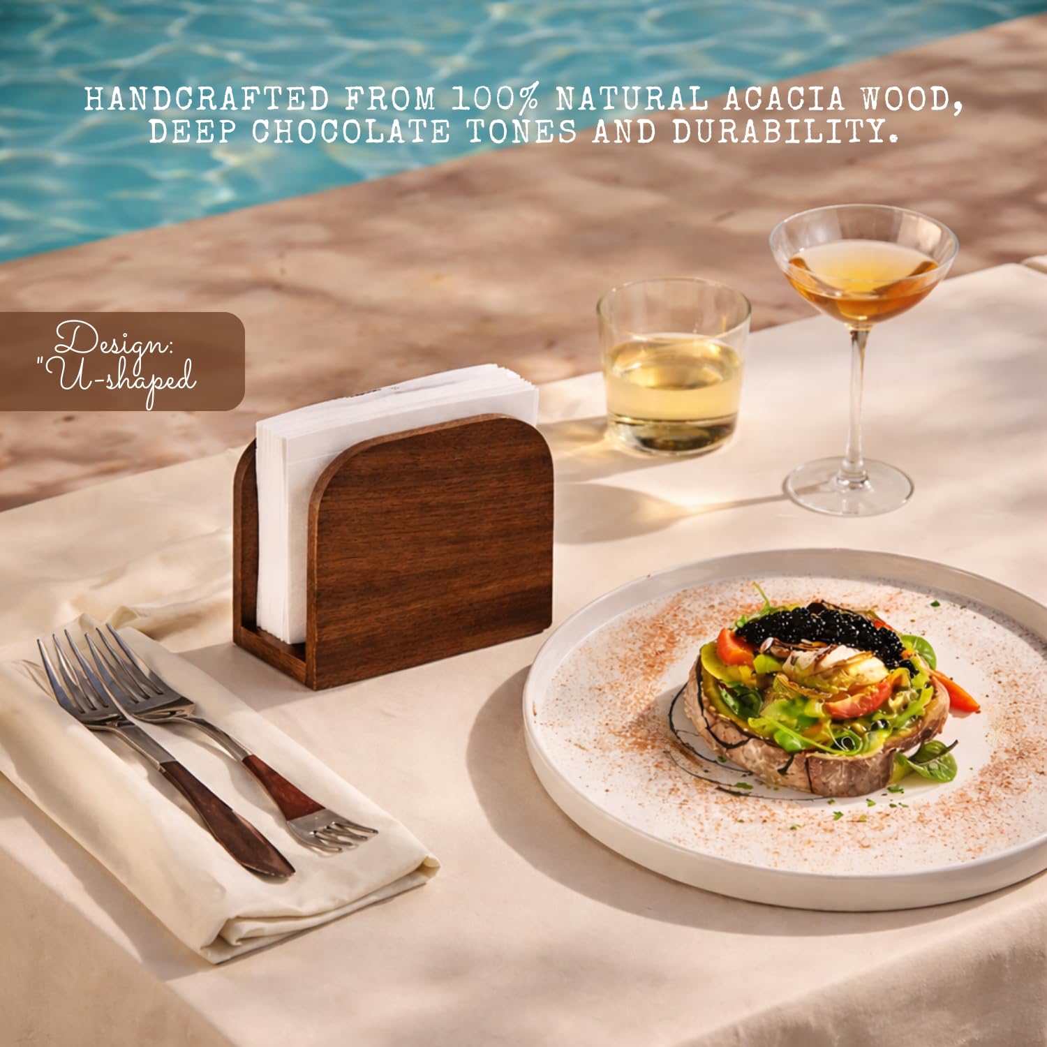 ARN CRAFT Acacia Wood Napkin Holder for Table, Wooden Napkin Holders for Kitchen, Standing Napkin Dispenser for Kitchen Dining Room Party Use, Kitchen Table Decor (Acacia 5.5"D x 2.5"W x 4"H)