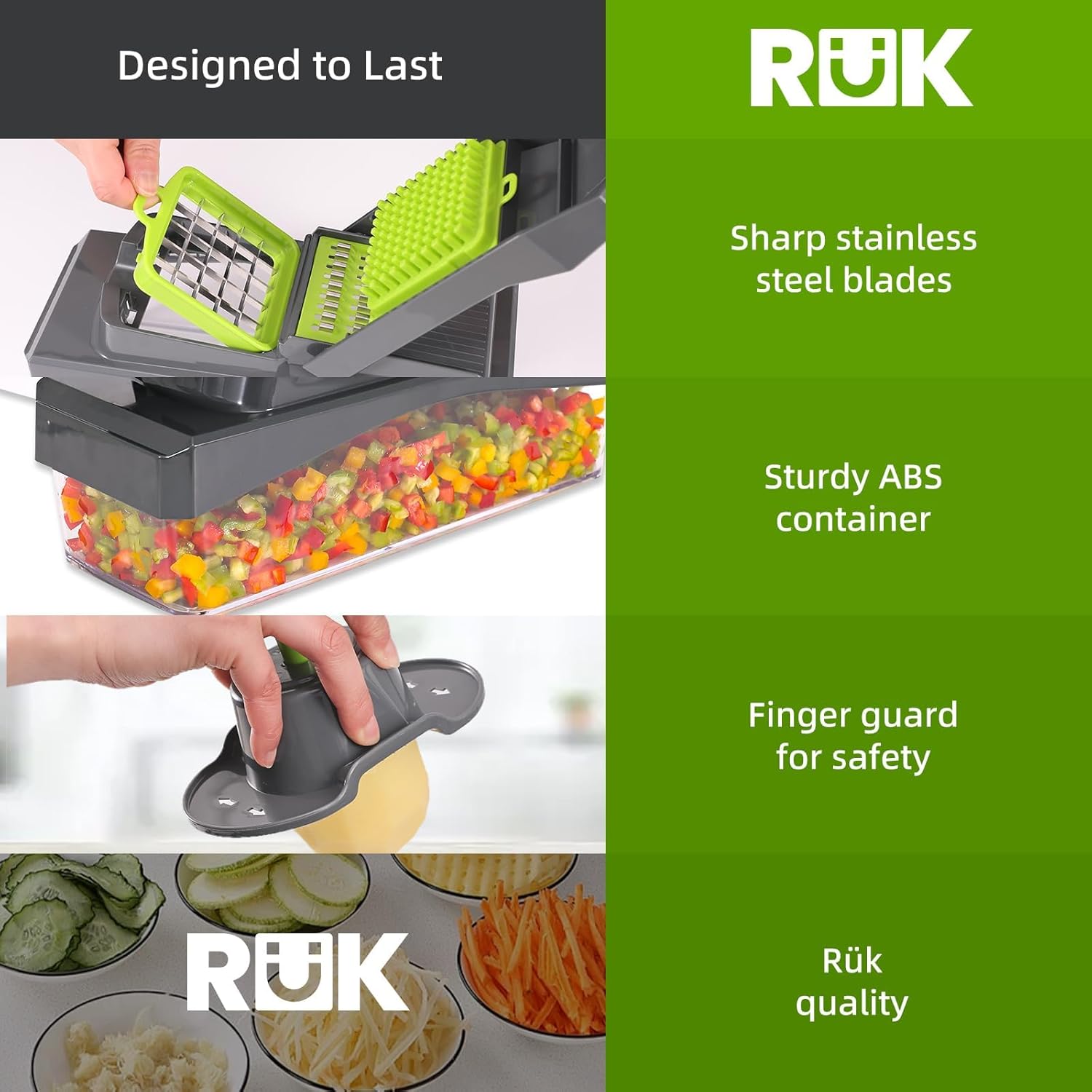 RüK 10-in-1 Vegetable Chopper - Versatile 6 Blade Food Dicer & Grater with Container | Gray Kitchen Essential