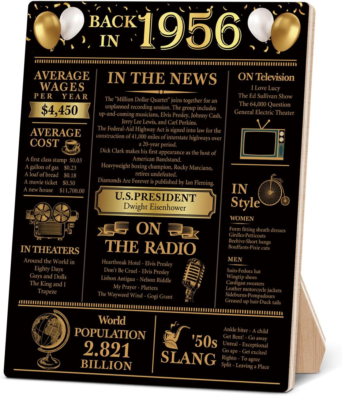 Back in 1956 | 70th Birthday Party Decorations - Black and Gold Wooden Sign & Table Favors