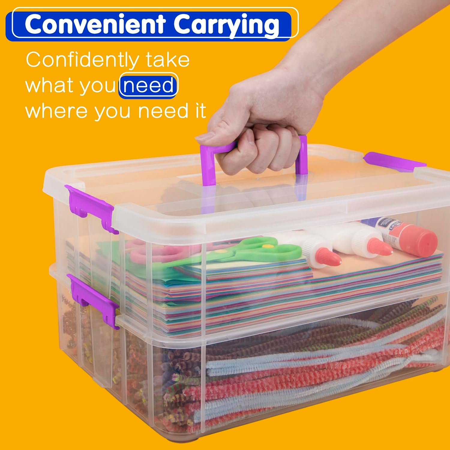 TERGOO 2-Layer Plastic Storage Containers - Clear Stackable Craft Organizers | Portable Bin for Art, Sewing & Makeup (Purple)
