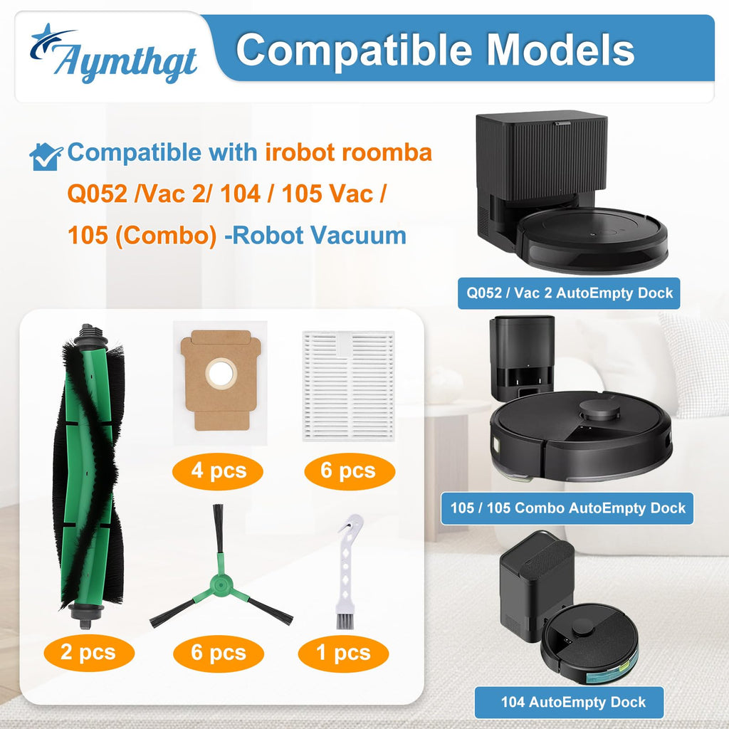 Aymthgt 19 PCS Q0520 Replacement Parts for iRobot Roomba 104/Q0520/Q052/105 Vac/105 Combo Vacuum,2 Roller Brush, 6 Side Brushes, 6 HEPA Filters, 4 Dust Bags and 1 Clean Brush