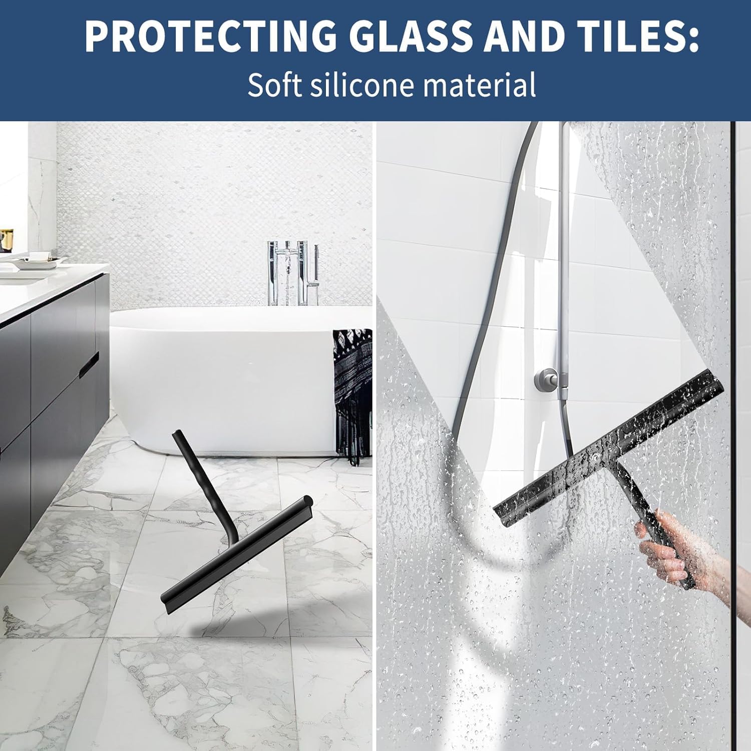 ecooe Silicone Shower Squeegee with Hanger, 13″/33cm Shower Glass Cleaner Wiper, Black Window Squeegee Scraper with Stainless Steel Core for Home Bathroom Kitchen Car Glass Doors