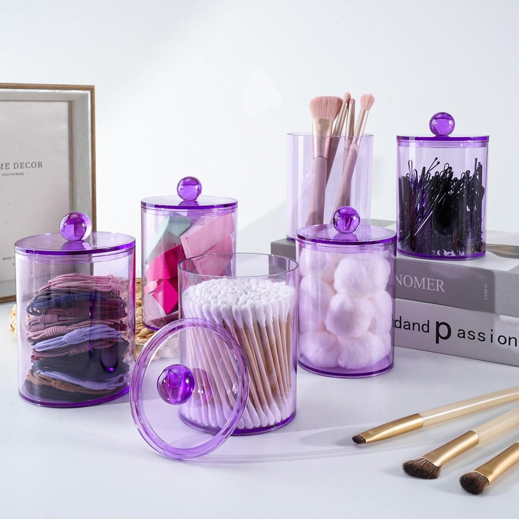 XIPENGKEJI Qtip Holder Set - 4 Pack Apothecary Jars with Lids for Bathroom Organization | 10oz-12oz Purple Canisters