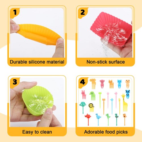 Axlksia 80 Pcs Silicone Lunch Box Dividers Set, Reusable Cupcake Liners for Baking, Colorful Lunch Bento Box Accessories with Cute Animal Food Picks (20 Cupcake Liners + 60 Animal Picks)