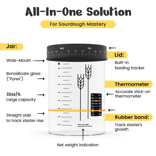 Kitchendom Large Sourdough Starter Jar (32 Oz) - Wide-Mouth Glass Jar - Free Course by Award-Winning Chef Alex Brady, Perfect for Beginners - Sourdough Starter Container, Dishwasher Safe