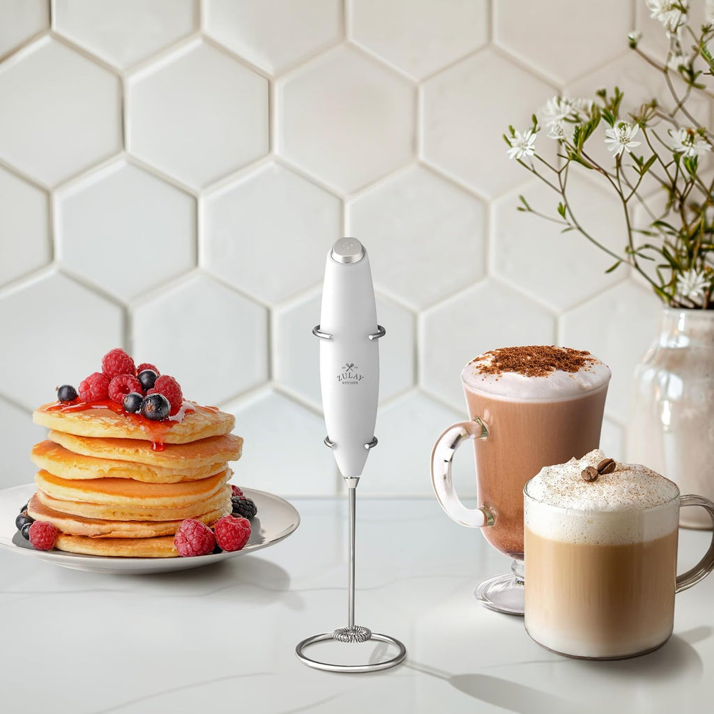 Zulay Kitchen Milk Frother Wand - Ultra-Fast Handheld Mixer with 4 AA Batteries - Blizzard White for Coffee & Lattes