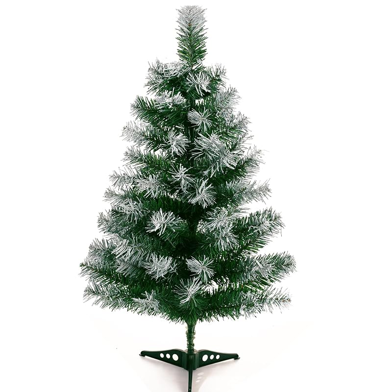 2Ft Green Tabletop Christmas Tree with Snow-Focked Tips & Plastic Stand - 24in Mini Xmas Pine